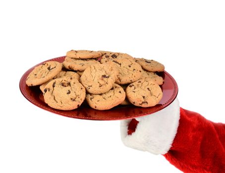 Closeup of Santa Claus hand holding a tray of cookies over a white background.