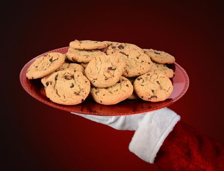 Closeup of Santa Claus holding a plate of cookies in the palm of his outstretched hand. Hand and arm only over a light to dark red spot background.