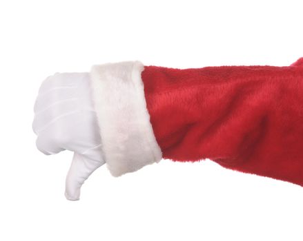 Santa Claus making thumbs down gesture isolated over white. Hand and arm only in horizontal format. 