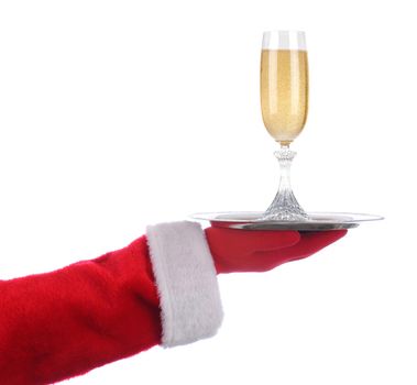 Santa Claus holding a serving tray with a glass of champagne over a white background.