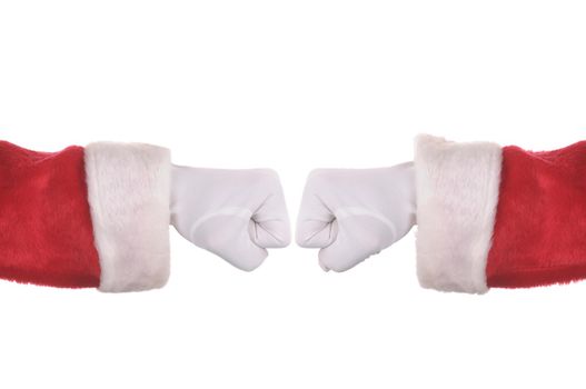 Closeup of two Santa Claus hands doing a fist bump, isolated on white.