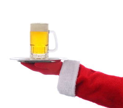 Santa Claus holding a serving tray with a Frosty Mug of beer over a white background.