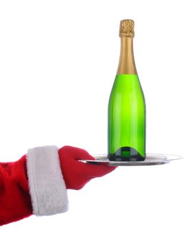 Santa Claus outstretched arm holding a Champagne Bottle on  a serving tray. Vertical format over a white background.