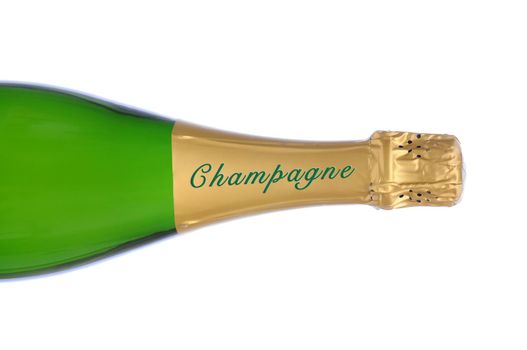 A Close up of a Champagne bottle on it side over a white background.