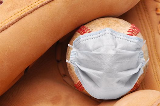 Covid-19 and Sports Concept. An baseball in a glove with Surgical Mask. 