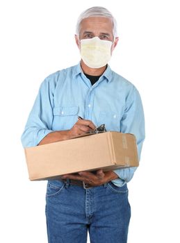 Deliveryman wearing a covid-19 protective mask with package and clipboard isolated on white.