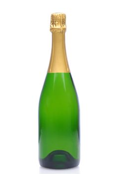 A Champagne bottle without a label over a white background.