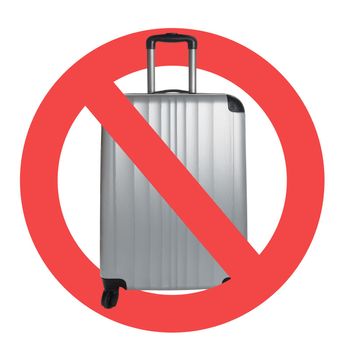 Silver Suitcase on a white background with international no symbol Tourism restrictions concept during COVID-19 pandemic.