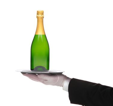Waiter with a silver tray and bottle of champagne in his outstretched hand over white. 