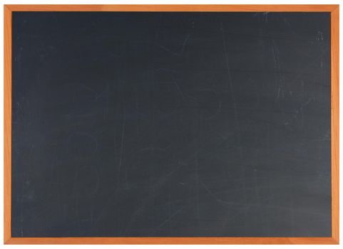 A partially erased classroom blackboard with a wood frame.