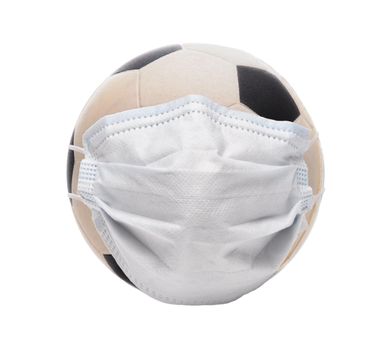 Covid-19 and Sports Concept. A Soccer ball with Surgical Mask, isolated on white