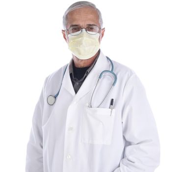 Doctor wearing lab coat and surgical mask with a stethoscope draped around his neck isolated on white. 