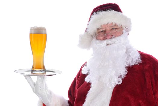 Santa Claus holding a silver platter with a glass of beer, isolated on white.