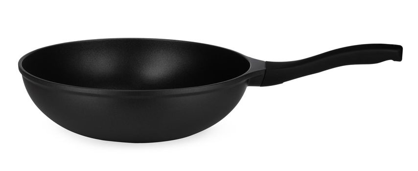 New black clean frying pan isolated on white background