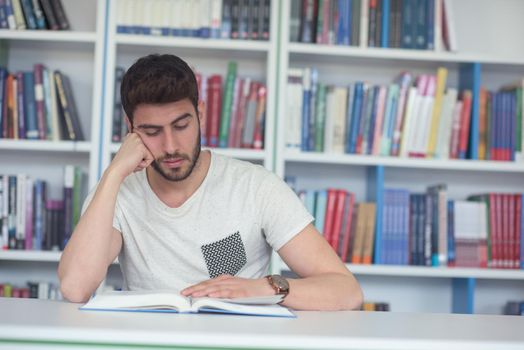 Student reading book in school library. Study lessons for exam. Hard worker and persistance concept.