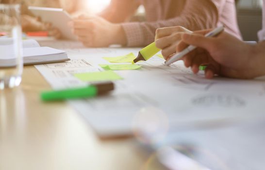 Image of business people hands working with papers at meeting