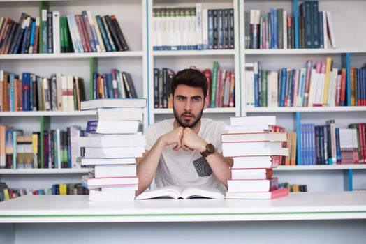 Student reading book in school library. Study lessons for exam. Hard worker and persistance concept.