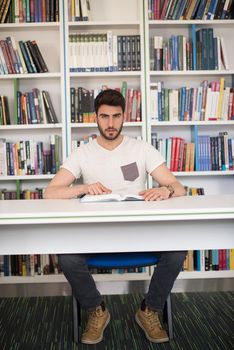 Student reading book in school library. Study lessons for exam. Hard worker and persistance concept.