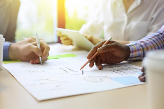 Image of business people hands working with papers at meeting