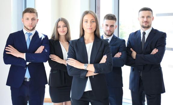 Face of beautiful woman on the background of business people