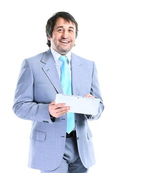Portrait of a smiling handsome businessman with a tablet