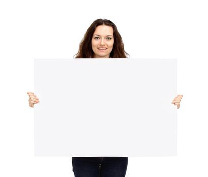 Handsome businessman holding a large poster for advertising signs looking at the camera and smiling