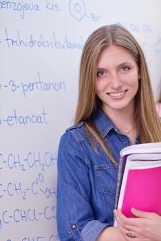 happy collage  school girl student portrait in  classroom and library