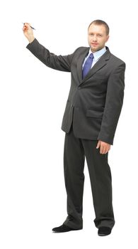 Portrait of happy smiling young business man showing blank signboard, isolated over white background