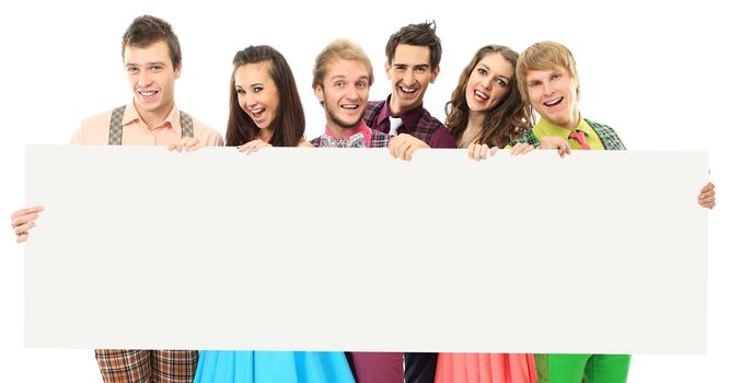 Group of happy people with banner. Isolated on white background