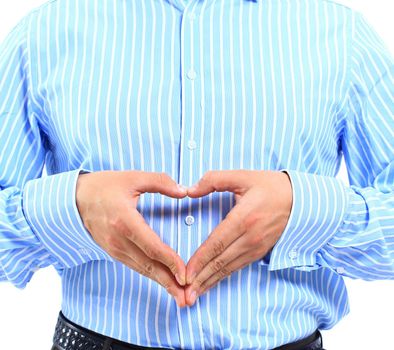 Senior grey-haired businessman wearing suit and glasses over isolated white background smiling in love showing heart symbol and shape with hands. Romantic concept.