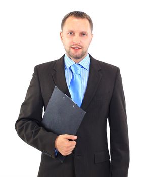 Smiling modern businessman holding blank clipboard in hands isolated on white