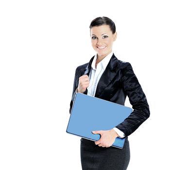 Beautiful young female entrepreneur holding laptop against white background.