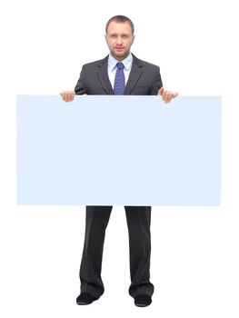 business man showing blank signboard, isolated on white background