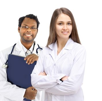 Girl doctor vmese with his assistant smiling at Beom background