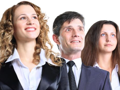 Group of friendly businesspeople with happy female leader in front