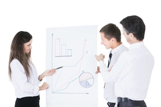Group of successful businessmen. Discussion of the stand with charts and diagrams