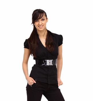 The beautiful business woman stands on a white background