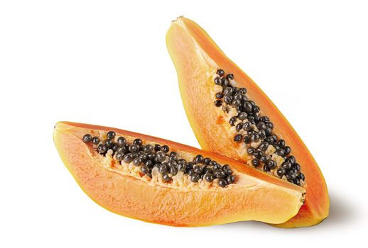 Two quarters of ripe papaya one after another isolated on white background