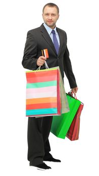 Happy shopping man. Isolated over white background