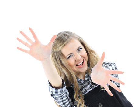 Beautiful happy girl with open palms posing at the camera Isolated on white background.