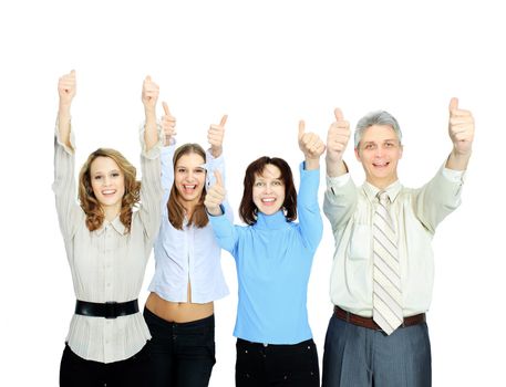 Beautiful businesswoman holding a hand with fingers upwards. Isolated on white background.