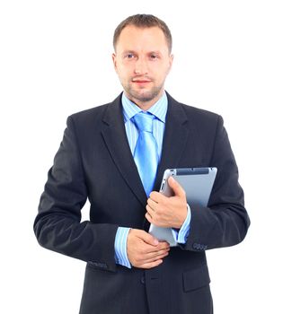 Portrait of a businessman with a tablet computer against a white background