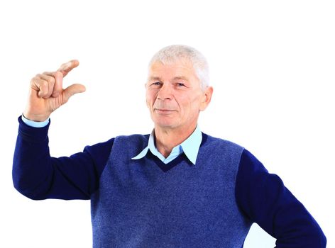 Portrait of an old man holding something imaginary in his hands on white