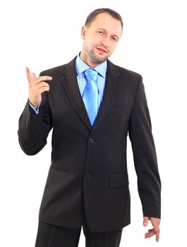 Portrait of an handsome businessman looking and pointing his finger up