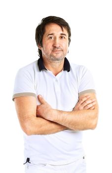 Portrait of happy smiling business man, isolated over white background