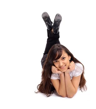 Elegant business woman drawn on the ground with laptop, isolated on a white background