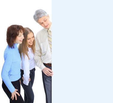 A group of business people to conduct advertising. Isolated on a white background.