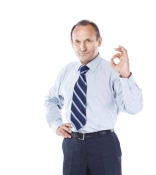 confident businessman gesturing success sign. white background