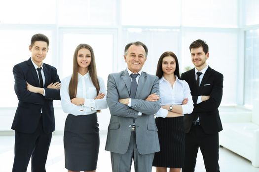 Director and business team on office background
