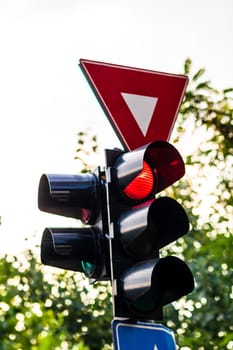 Traffic light with red light. Traffic light signal semaphore located in Bucharest, Romania, 2021